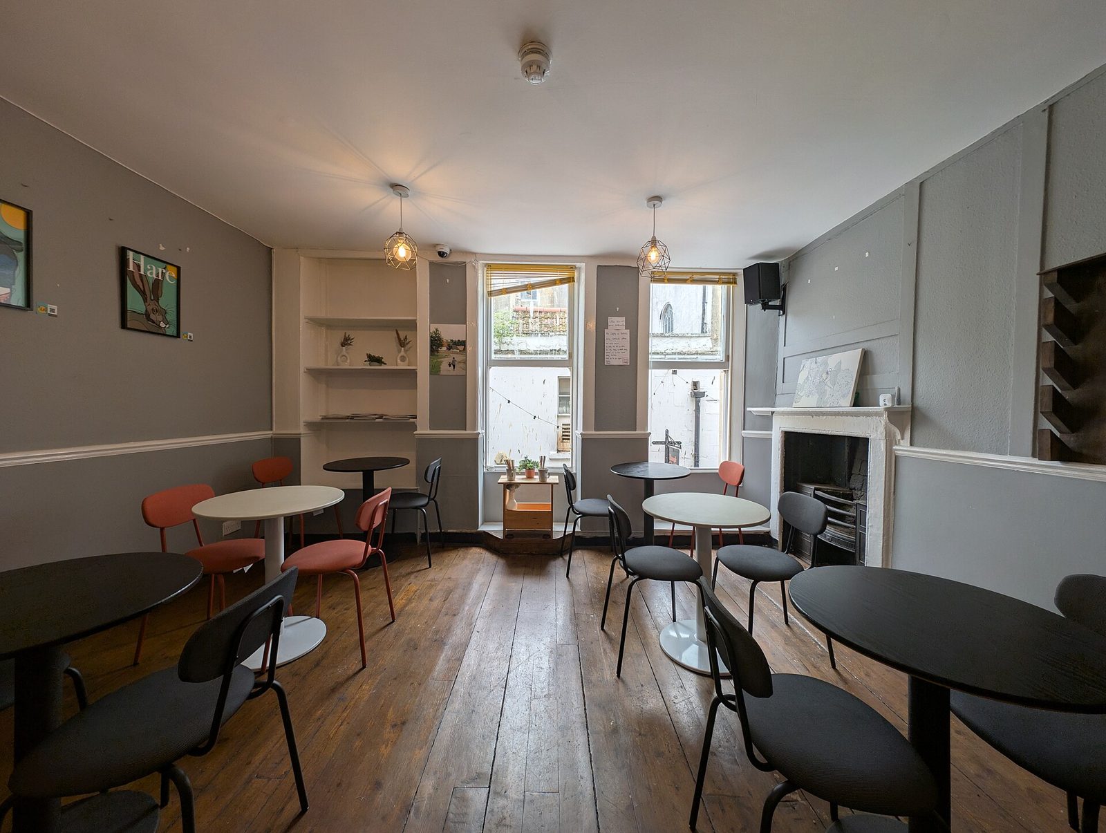 Upstairs seating at a café on Northumberland Place, Bath